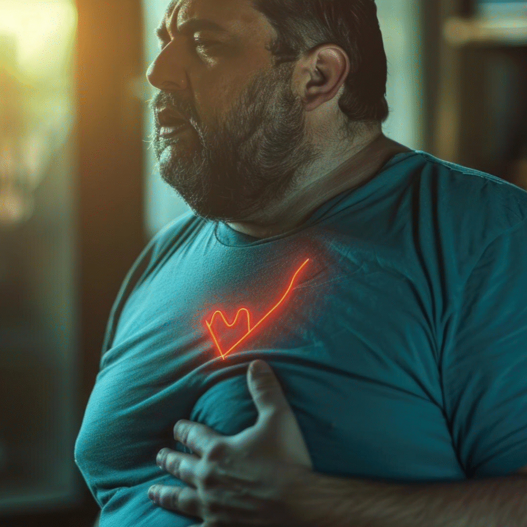 Overweight person clutching chest showing signs of heart attack caused by obesity.